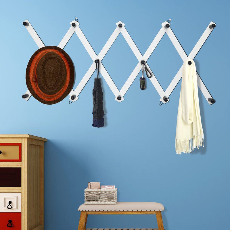Dseap Accordian Wall Hanger: 16â€ High Wooden Wall Expandable Coat Rack, Hat Rack Holder, Accordion Hook for Baseball Caps, Coats, Mugs, 14 Peg Hooks, White & Black - Image 2