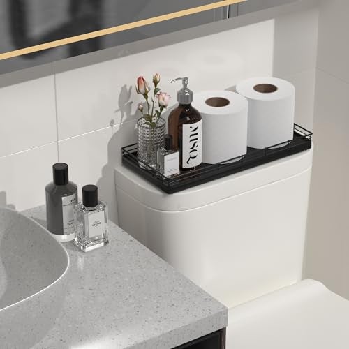Focusonit Oak Bathroom Toilet Tank Tray, 13" Wood Toilet Paper Storage Basket Back of Toilet Basket Organizer, Vanity Tray for Perfume Makeup Candle Kitchen Counter Coffee Table Black Tray Decor - Image 2