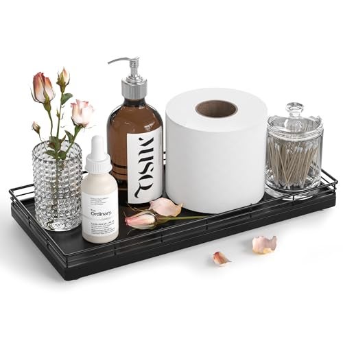 Focusonit Oak Bathroom Toilet Tank Tray, 13" Wood Toilet Paper Storage Basket Back of Toilet Basket Organizer, Vanity Tray for Perfume Makeup Candle Kitchen Counter Coffee Table Black Tray Decor - Image 1