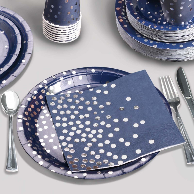 Gudvilla350 PCS Navy Blue Plates and Napkins Party Supplies Navy Blue Paper Plates with Plastic Silverware Serve 50 Guests Blue and Silver Birthday Plates Disposable for Wedding Retirement Decorations - Image 4