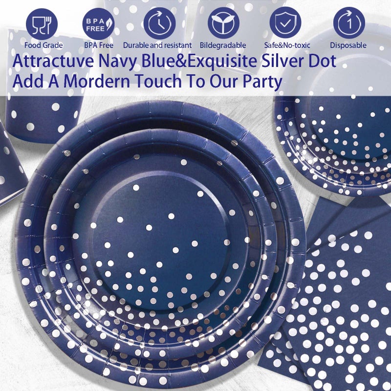 Gudvilla350 PCS Navy Blue Plates and Napkins Party Supplies Navy Blue Paper Plates with Plastic Silverware Serve 50 Guests Blue and Silver Birthday Plates Disposable for Wedding Retirement Decorations - Image 2