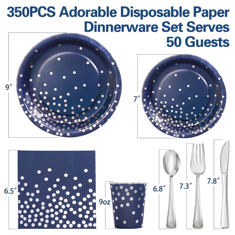 Gudvilla350 PCS Navy Blue Plates and Napkins Party Supplies Navy Blue Paper Plates with Plastic Silverware Serve 50 Guests Blue and Silver Birthday Plates Disposable for Wedding Retirement Decorations - Image 1