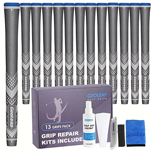 Geoleap Midsize Grey Golf Grips Set of 13 - Soft, Textured, Reduced Taper Design, 13 Grips with 15 Tapes and Repair Kits - Image 1
