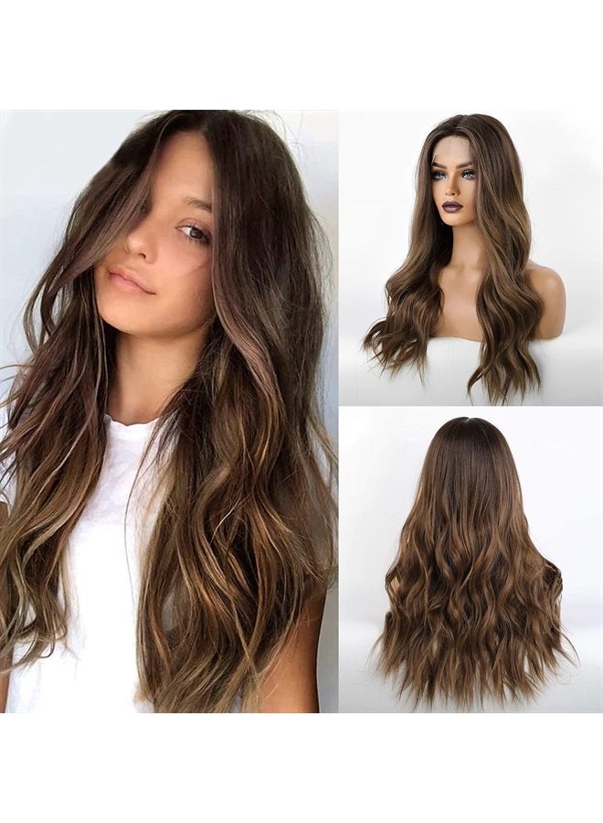 EMMOR Long Brown Lace Front Wig for Women, 25 Inch Natural Hair Wavy Synthetic Wigs Middle Part Daily Hair Hand Tied/Longlife/Lightweight - Image 1