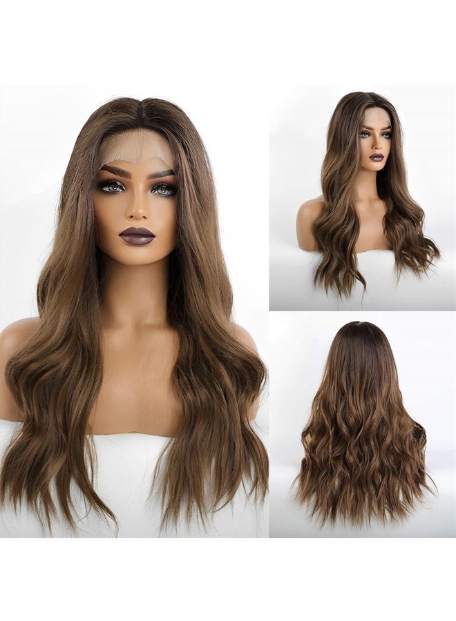 EMMOR Long Brown Lace Front Wig for Women, 25 Inch Natural Hair Wavy Synthetic Wigs Middle Part Daily Hair Hand Tied/Longlife/Lightweight - Image 2