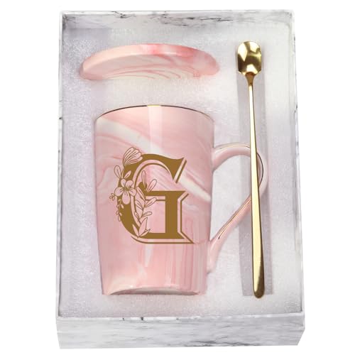 WENSSY Letter G Personalized Initial Mugs with Flower, Letter G Personalized Novelty Coffee Mug, Novelty Letter Coffee Mugs for Women, Bridal Shower Gifts, Women's Initials Gifts Coffee Mug 14 Ounce Pink - Image 1