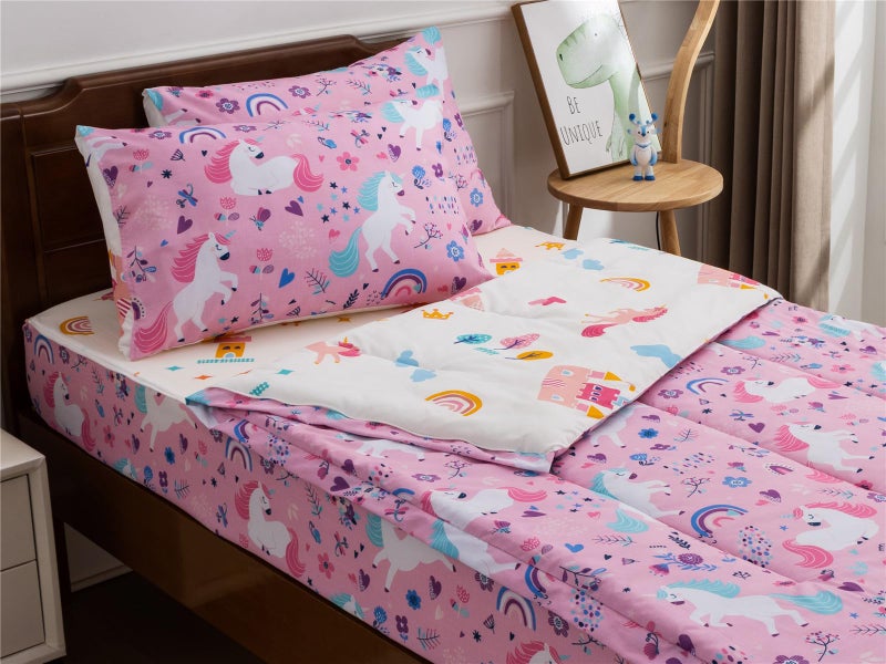 NTBED Unicorn Printed Zipper Bedding Sets Twin Lightweight Microfiber Floral Comforter Set with Fitted Sheet Pillow Covers,Pink - Image 1
