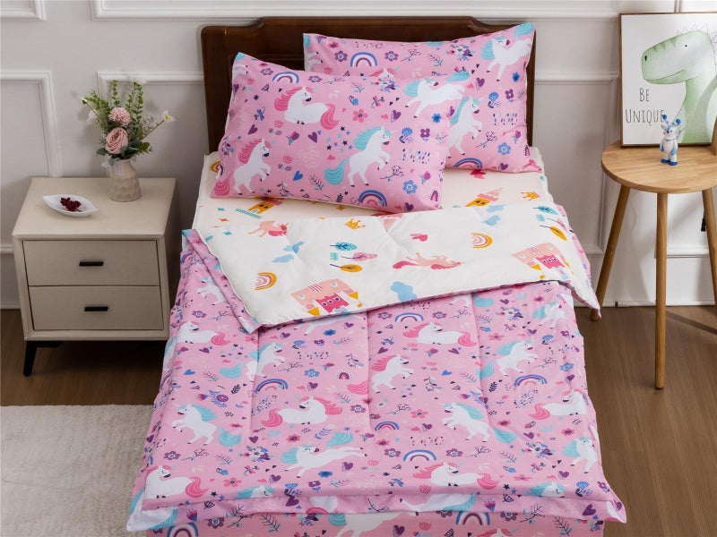 NTBED Unicorn Printed Zipper Bedding Sets Twin Lightweight Microfiber Floral Comforter Set with Fitted Sheet Pillow Covers,Pink - Image 2