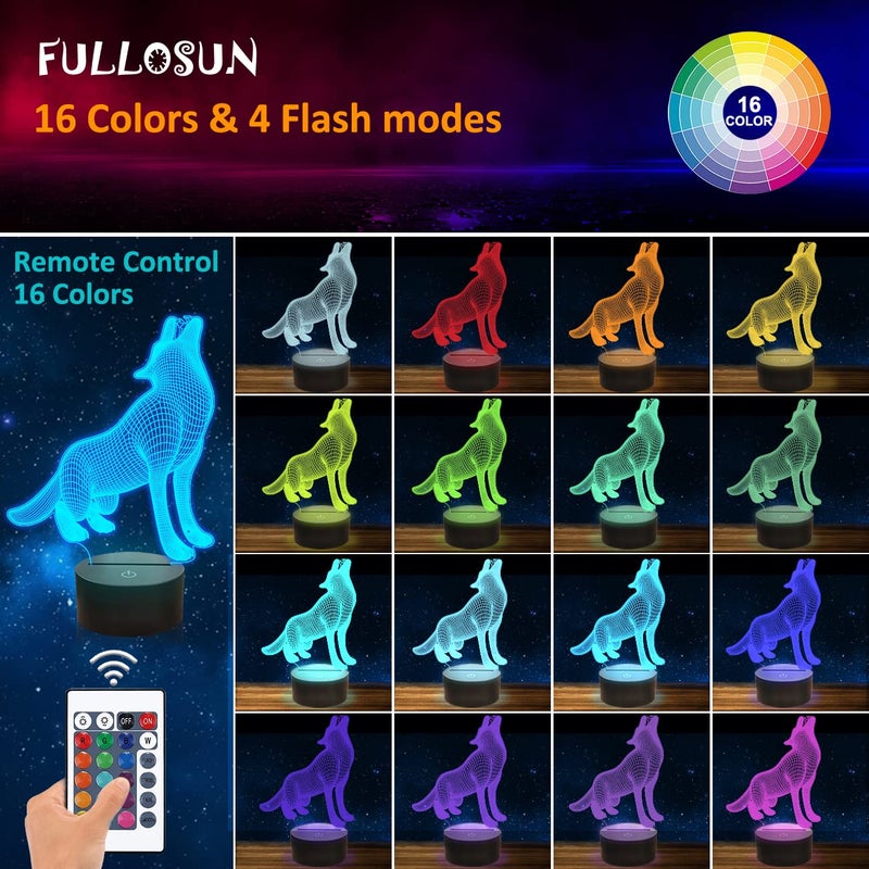 FULLOSUN Wolf Gift 3D Light, Optical Illusion Bedside Night Lamp, 16 Color Changing with Remote Control Creative Room Decor Best Birthday for Kids Boys Men - Image 2