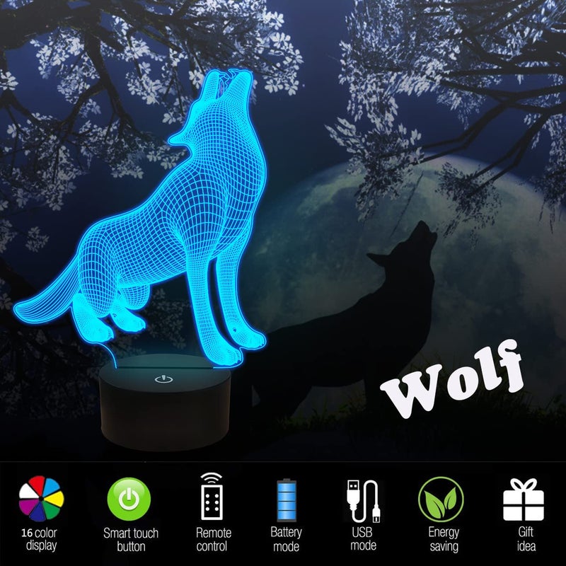 FULLOSUN Wolf Gift 3D Light, Optical Illusion Bedside Night Lamp, 16 Color Changing with Remote Control Creative Room Decor Best Birthday for Kids Boys Men - Image 4
