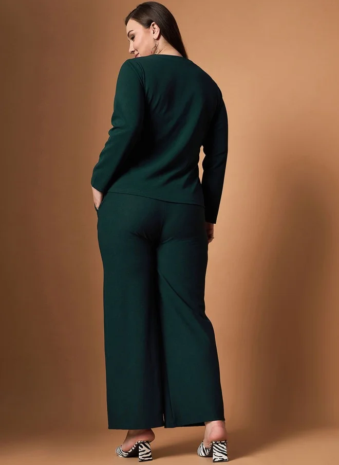 SASSAFRAS Green Square Neck Top & Trouser Set for Women