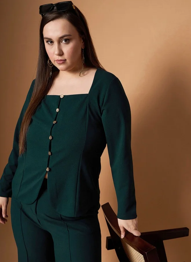SASSAFRAS Green Square Neck Top & Trouser Set for Women