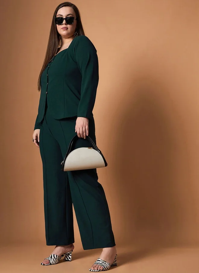 SASSAFRAS Green Square Neck Top & Trouser Set for Women
