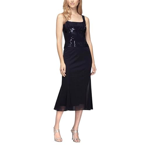 Alex Evenings Women's Tea Length Mock Jacket Dress with Button Front, Navy Sequin, 14 - Image 3