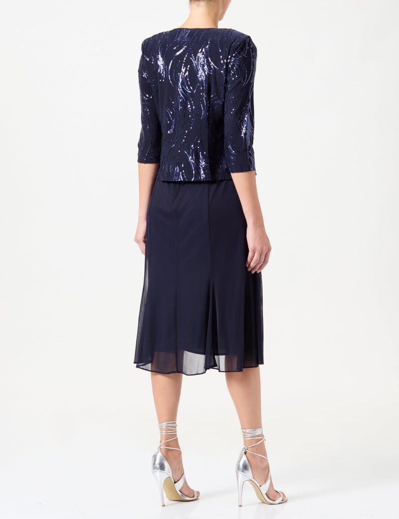 Alex Evenings Women's Tea Length Mock Jacket Dress with Button Front, Navy Sequin, 14 - Image 2