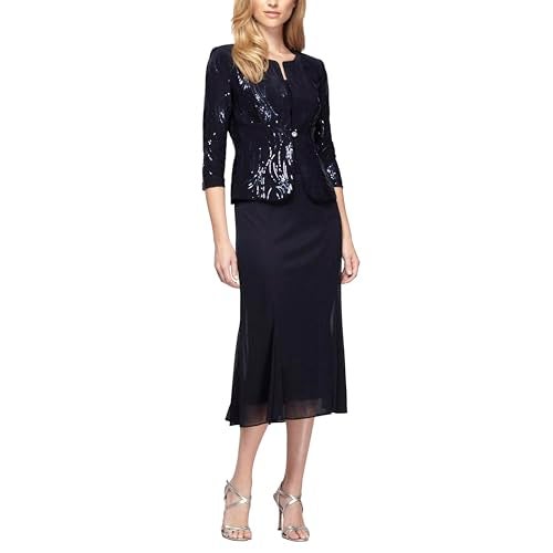 Alex Evenings Women's Tea Length Mock Jacket Dress with Button Front, Navy Sequin, 14 - Image 1