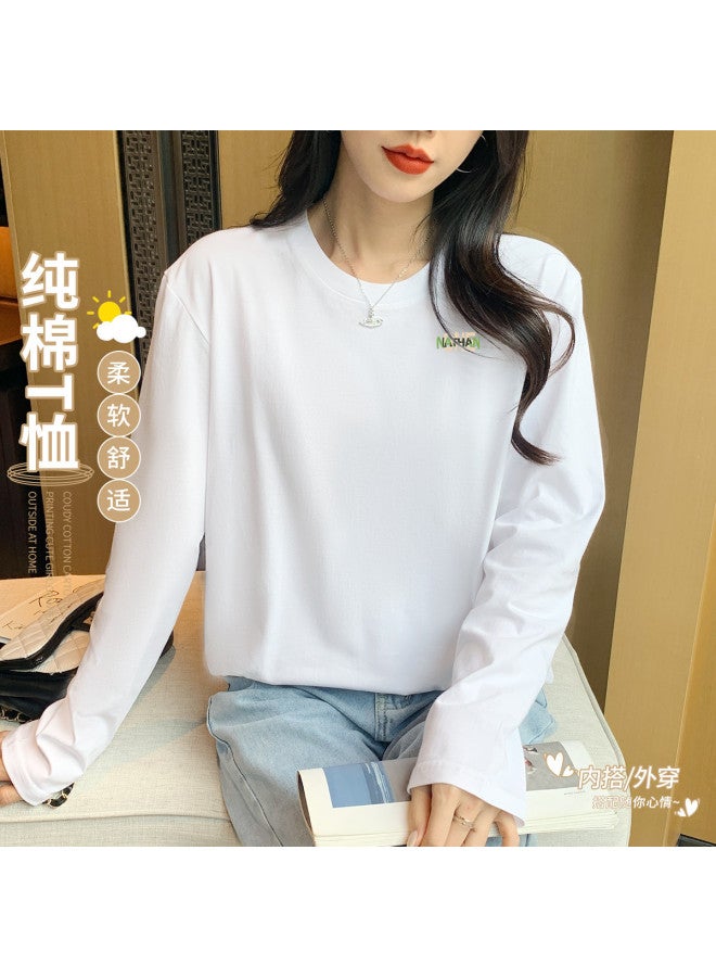 LANG SHA Women'S Basic T-Shirt Versatile Solid Color Print Round Neck Long Sleeve Top Wearable As Outerwear - Image 2