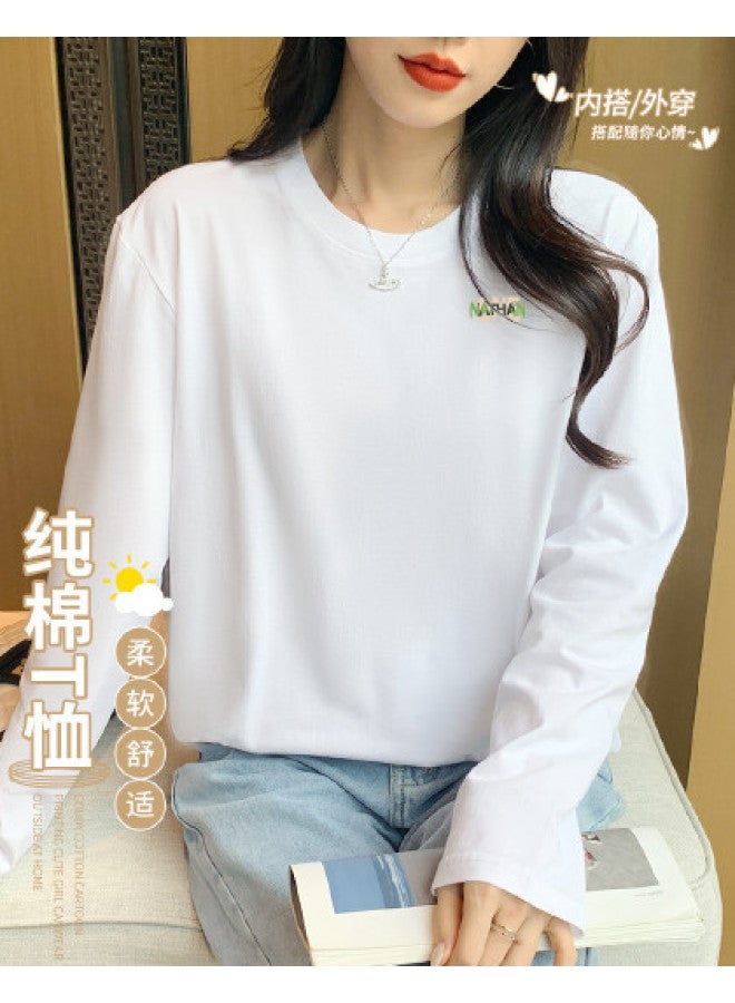 LANG SHA Women'S Basic T-Shirt Versatile Solid Color Print Round Neck Long Sleeve Top Wearable As Outerwear - Image 1