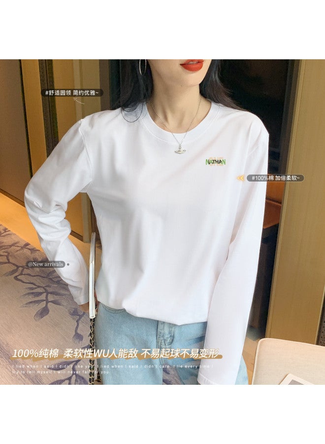 LANG SHA Women'S Basic T-Shirt Versatile Solid Color Print Round Neck Long Sleeve Top Wearable As Outerwear - Image 3