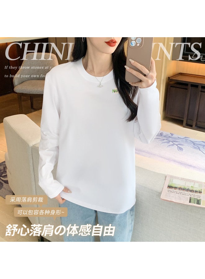 LANG SHA Women'S Basic T-Shirt Versatile Solid Color Print Round Neck Long Sleeve Top Wearable As Outerwear - Image 5