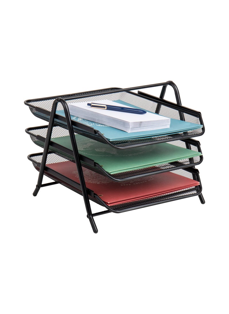 Mind Reader Mind Reader 3Tier Paper Tray Desktop Organizer File Storage Office Metal Mesh 1175L x 1375W x 10H Black 