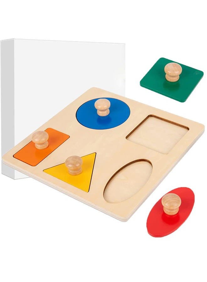 Buootooy Montessori Multi Shape Wooden Puzzle Toy Baby Toddler First Jumbo Wood Peg Educational Basic (5 Geometry Shape) - Image 1