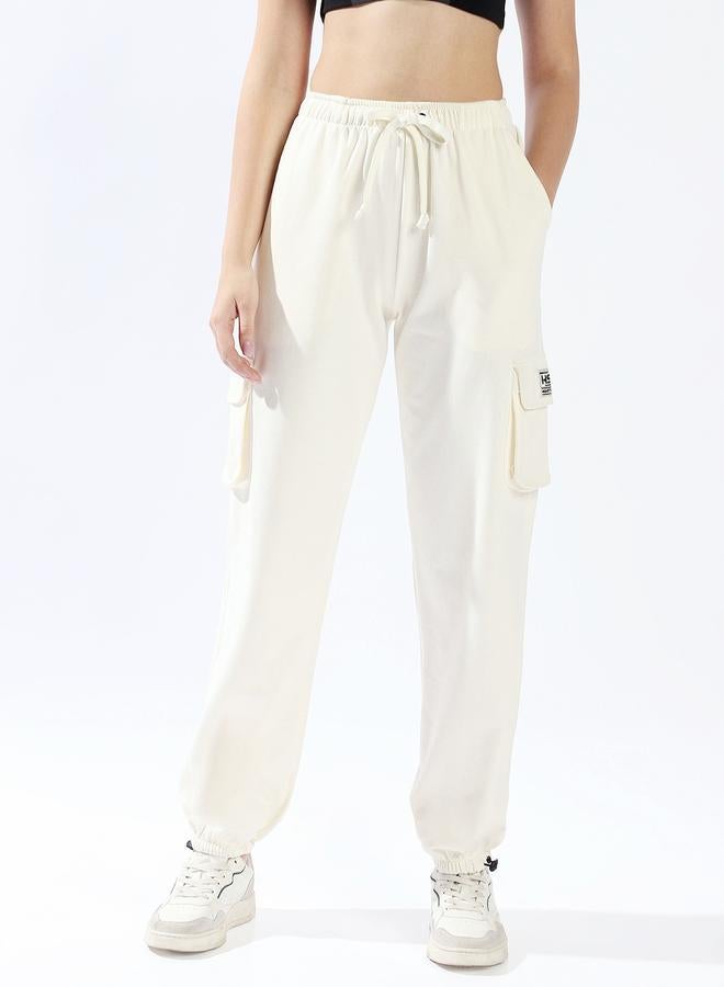 HIGH STAR Women's Off White 100% Cotton Solid Pattern Full Length Casual Jogger Track Pant - Image 5