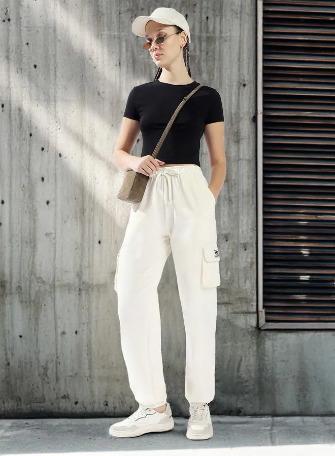 HIGH STAR Women's Off White 100% Cotton Solid Pattern Full Length Casual Jogger Track Pant