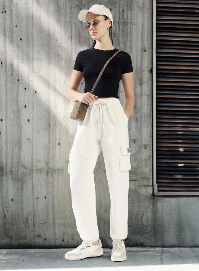 HIGH STAR Women's Off White 100% Cotton Solid Pattern Full Length Casual Jogger Track Pant - Image 1