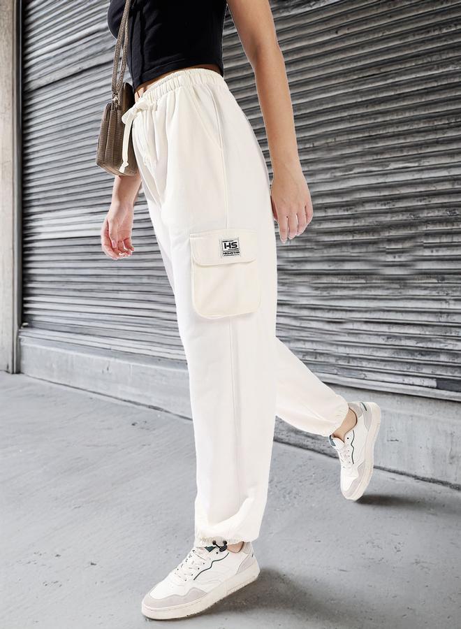 HIGH STAR Women's Off White 100% Cotton Solid Pattern Full Length Casual Jogger Track Pant - Image 2