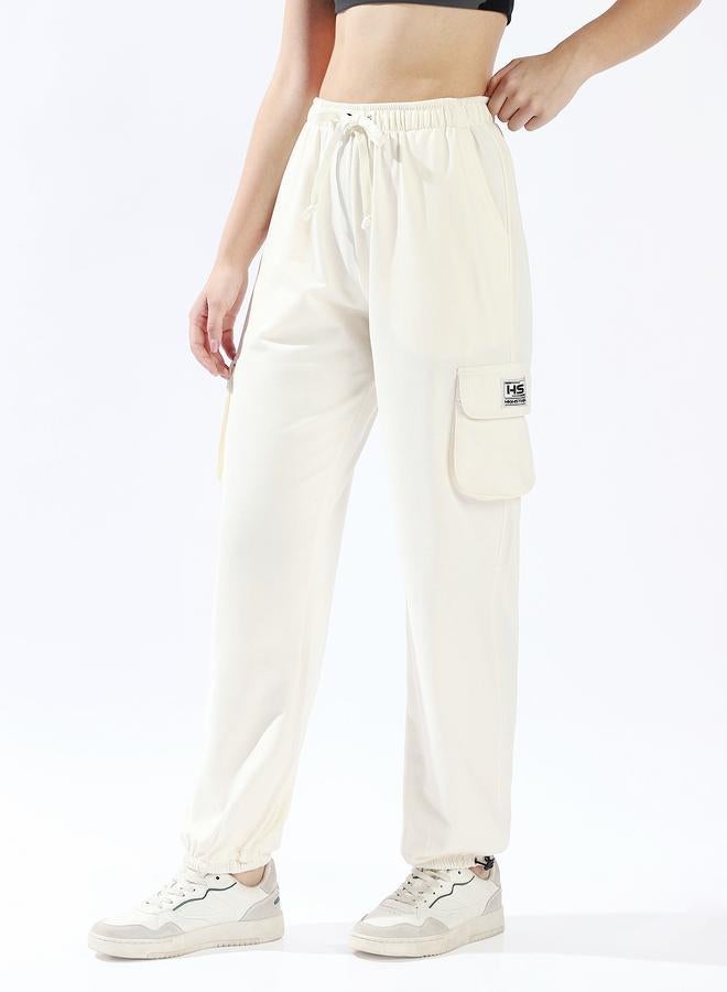 HIGH STAR Women's Off White 100% Cotton Solid Pattern Full Length Casual Jogger Track Pant - Image 3