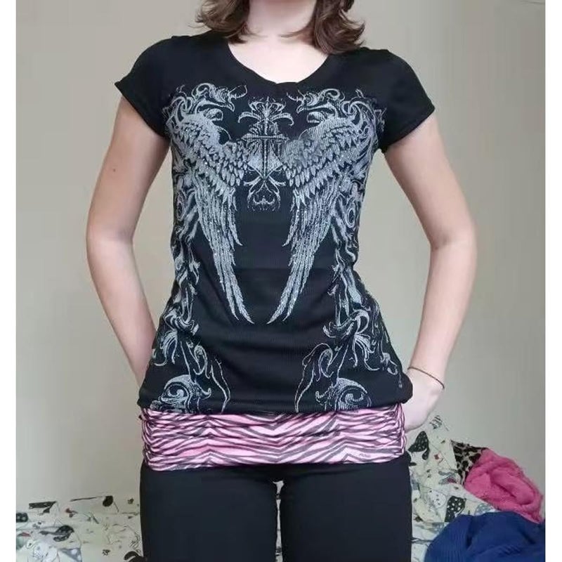 MANGMAO Grunge Shirts 2000s Clothing Women Vintage Graphic Tees Y2k Short Sleeve Goth Tops Teens Emo Clothes Streetwear (Black White,Small) - Image 2