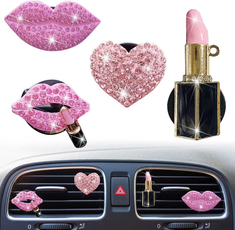 Dwuww Pack of 4 Pink Lips Air Vent Clips - Rhinestone Car Air Freshener for Women - Image 1