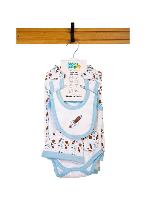 7 Piece Unisex 100% Cotton Gift Set Include Bib, Blanket, Mitten, Cap, Romper, Top And Bottom Set, Blue