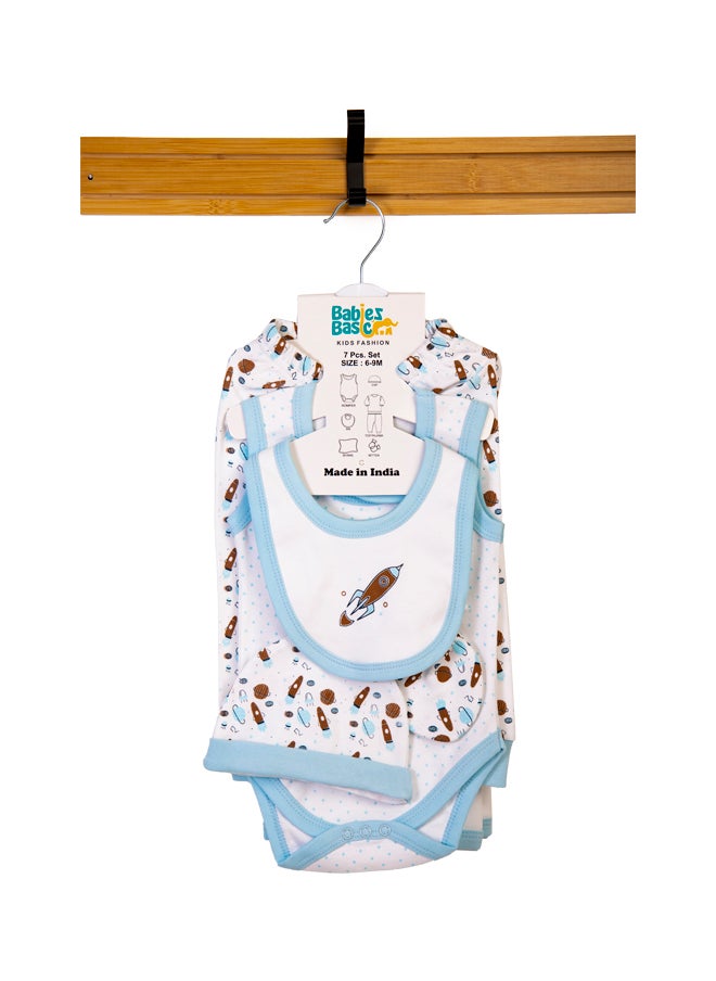 Babies Basic - 7 Piece Unisex 100% Cotton Gift Set Include Bib, Blanket, Mitten, Cap, Romper, Top And Bottom Set, Blue - Image 1