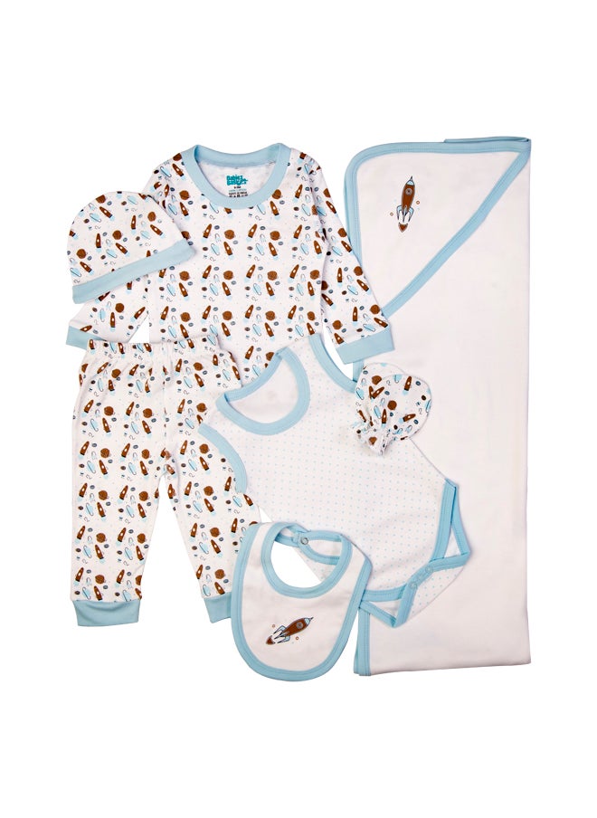 Babies Basic - 7 Piece Unisex 100% Cotton Gift Set Include Bib, Blanket, Mitten, Cap, Romper, Top And Bottom Set, Blue - Image 1