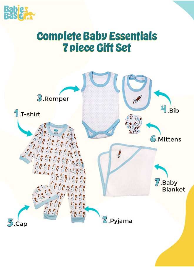 Babies Basic - 7 Piece Unisex 100% Cotton Gift Set Include Bib, Blanket, Mitten, Cap, Romper, Top And Bottom Set, Blue - Image 1