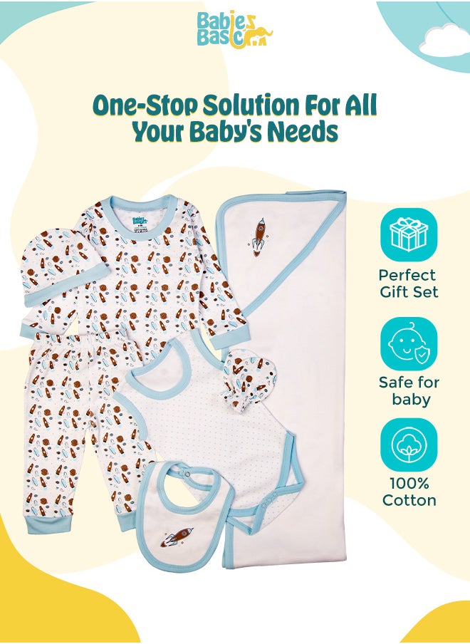 Babies Basic - 7 Piece Unisex 100% Cotton Gift Set Include Bib, Blanket, Mitten, Cap, Romper, Top And Bottom Set, Blue - Image 1