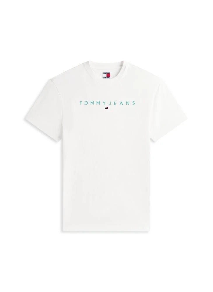 Tommy Jeans Ecru / Bahama Green Linear Logo Embroidery Jersey T-Shirt for Men | Best Price UAE