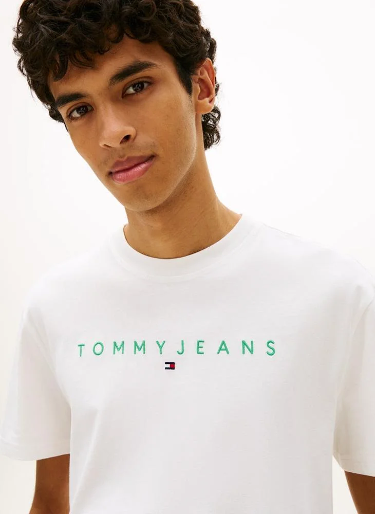 Tommy Jeans Ecru / Bahama Green Linear Logo Embroidery Jersey T-Shirt for Men | Best Price UAE