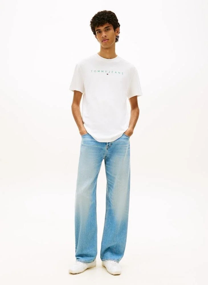 Tommy Jeans Ecru / Bahama Green Linear Logo Embroidery Jersey T-Shirt for Men | Best Price UAE