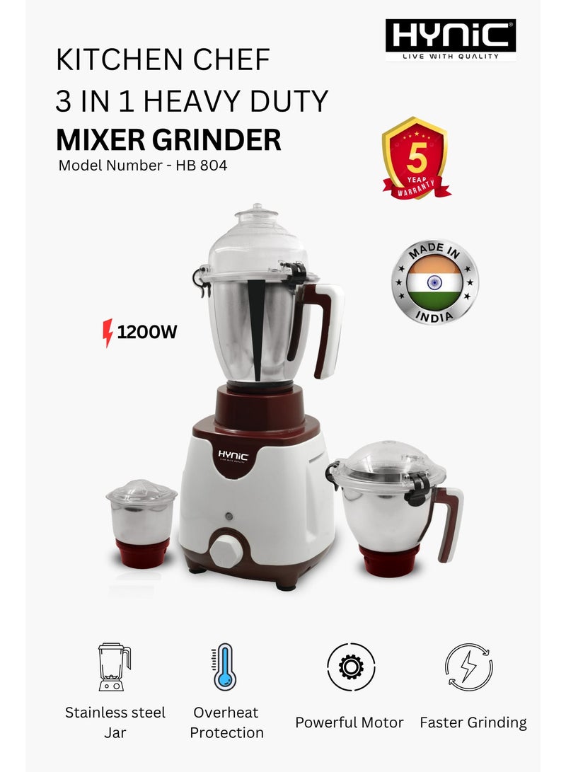 HYNIC Kitchen Chef 1200W Commercial Heavy Duty Mixer Grinder (HB 804) – 100% Copper Motor, Double Ball Bearing, 3 Stainless Steel Jars with Unbreakable Polycarbonate Lids & Overload Protection – White & Maroon - Image 1