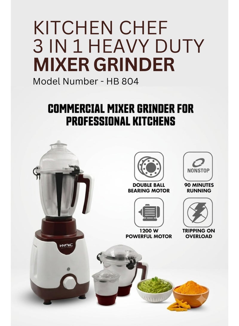 HYNIC Kitchen Chef 1200W Commercial Heavy Duty Mixer Grinder (HB 804) – 100% Copper Motor, Double Ball Bearing, 3 Stainless Steel Jars with Unbreakable Polycarbonate Lids & Overload Protection – White & Maroon - Image 3