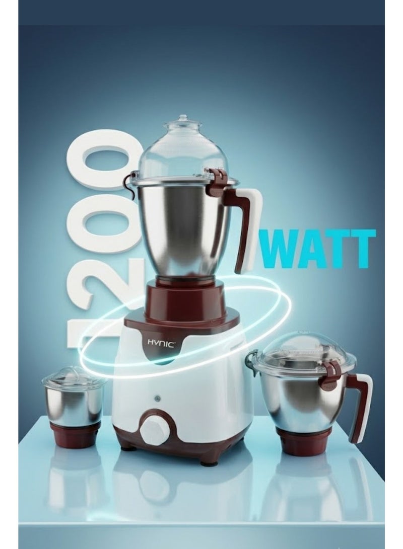 HYNIC Kitchen Chef 1200W Commercial Heavy Duty Mixer Grinder (HB 804) – 100% Copper Motor, Double Ball Bearing, 3 Stainless Steel Jars with Unbreakable Polycarbonate Lids & Overload Protection – White & Maroon - Image 2