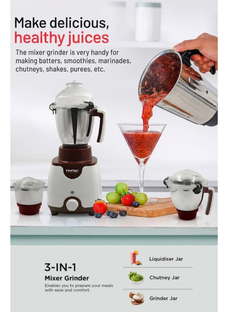 HYNIC Kitchen Chef 1200W Commercial Heavy Duty Mixer Grinder (HB 804) – 100% Copper Motor, Double Ball Bearing, 3 Stainless Steel Jars with Unbreakable Polycarbonate Lids & Overload Protection – White & Maroon - Image 4