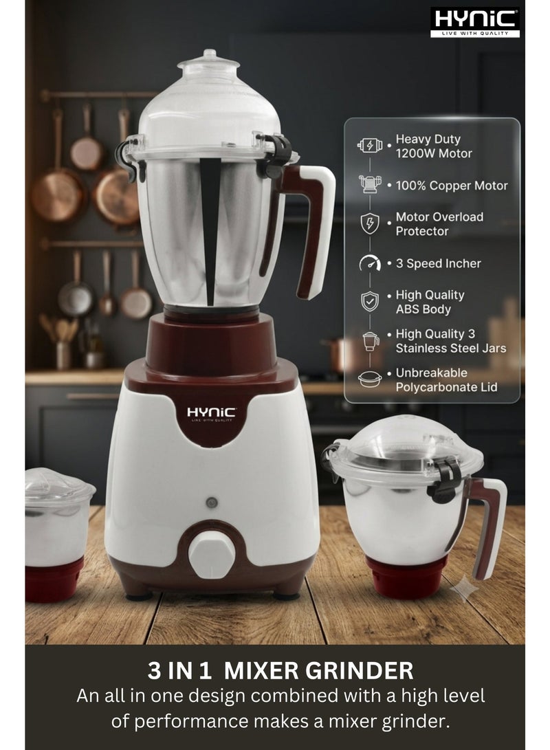HYNIC Kitchen Chef 1200W Commercial Heavy Duty Mixer Grinder (HB 804) – 100% Copper Motor, Double Ball Bearing, 3 Stainless Steel Jars with Unbreakable Polycarbonate Lids & Overload Protection – White & Maroon - Image 5