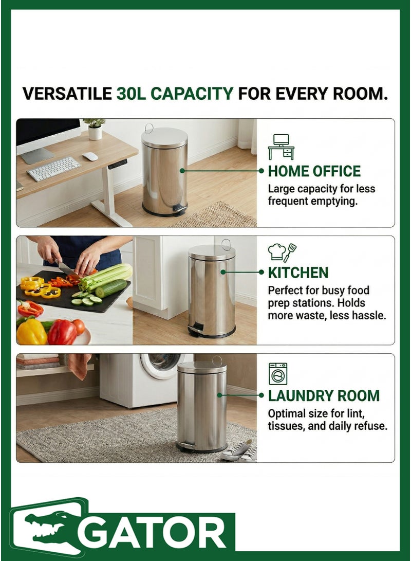 Gator Step Trash Bin | Glossy Stainless Steel Finish | Groove Pedal | Suitable For Bathrooms, Kitchens & Homes | 30 Liters - Image 5