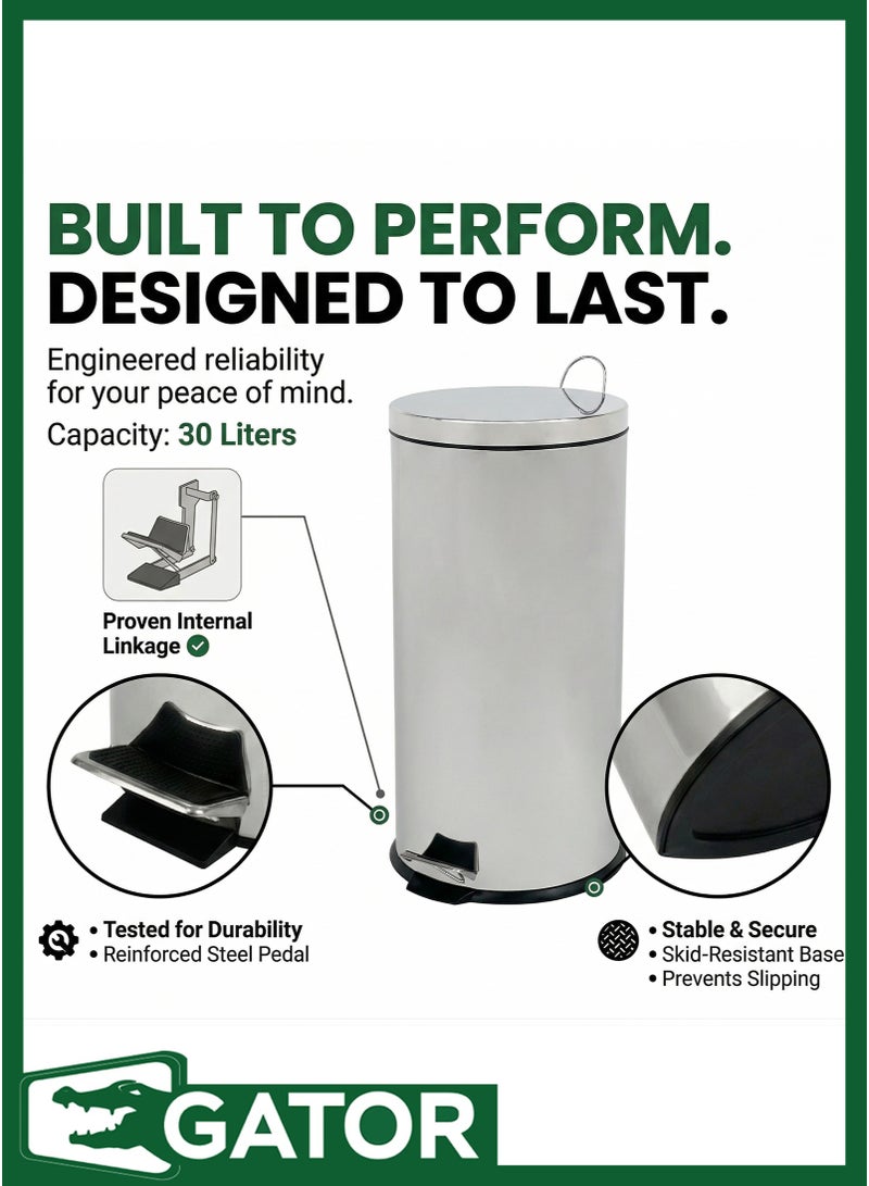 Gator Step Trash Bin | Glossy Stainless Steel Finish | Groove Pedal | Suitable For Bathrooms, Kitchens & Homes | 30 Liters - Image 2