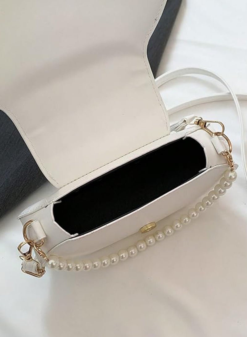 Excefore Faux Pearls Chain Handbag, Messenger Bag PU Leather Artificial Pearls Chain Stylish Shoulder Bag for Women - Image 5