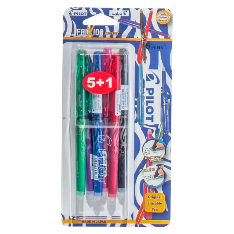 Pilot Frixion Point Erasable 0.5 mm Roller Ball Pen, 6 Pcs, Multicolour
